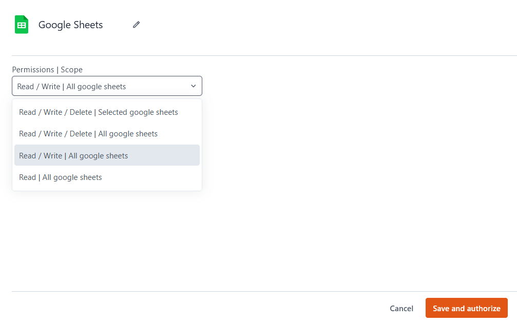 Configuring a new Google Sheets datasource.